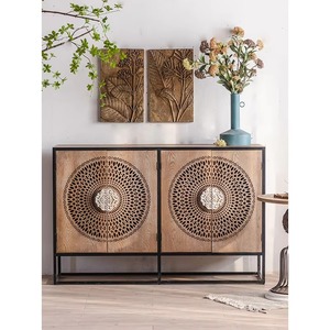 Armoire de buffet sculptée antique avec bois de manguier et fer pour la maison Bar salon ferme salle à manger salle de bain rangement - Product Image 1