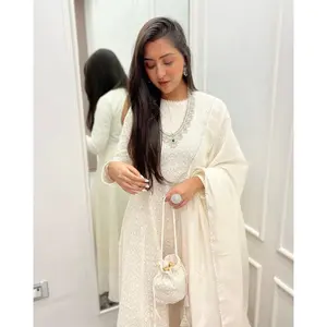 Conjunto de Traje Chikankari Blanco Bordado para Mujer con Bolso Potli, Tallas XS-5XL - Product Image 2