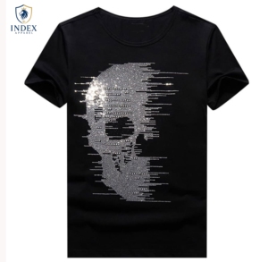 T-shirt noir à manches courtes pour homme INDEX APPAREL avec motif crâne en strass, col rond, coupe classique, style streetwear, haut en jersey - Product Image 1
