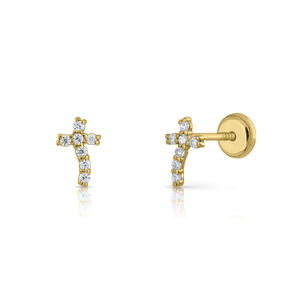 Boucles d'oreilles mode en or massif 9 carats (disponibles 10k-14k-18k) croix femmes enfants enfants oreille Clip vis arrière fabriqué en espagne - Product Image 1
