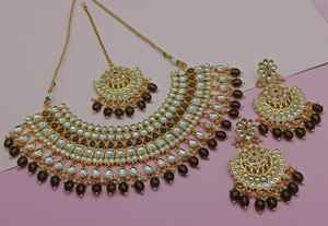 Conjunto de joyas chapadas en oro Kundan tradicional indio y conjunto de collar de cobre para mujeres y niñas accesorios indios joyería Mujer - Product Image 4