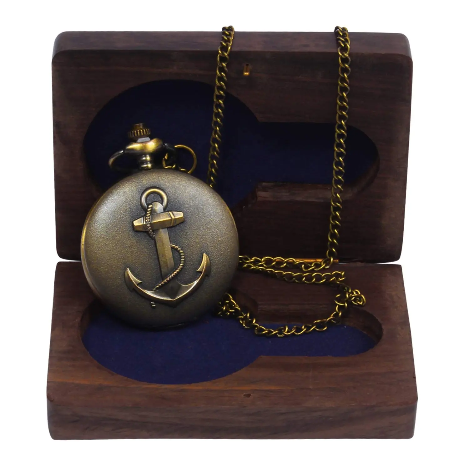 Mini orologio da tasca nautico fatto a mano in ottone con Logo di ancoraggio in rilievo scatola di legno marrone produttore di orologi da tasca da collezione