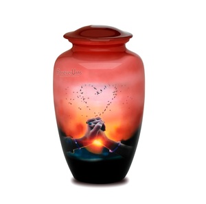 Urne funéraire en aluminium pour cendres humaines adultes, peinte à la main, design traditionnel, rouge cardinal, à thème floral et fruitier. - Product Image 4