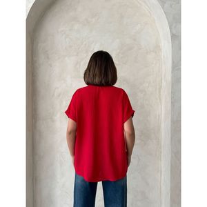 Topshow Women's <b>Red</b> Linen Casual Loose Fit <b>Blouse</b> Shirt with Raw Edge Patch Pockets and Applique Detail for Wholesale - Product Image 5