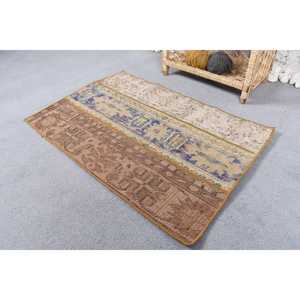 2x3 ft Vintage Rug, Turkish Rug, <b>Brown</b> Striped <b>Wool</b> Rug - Product Image 3