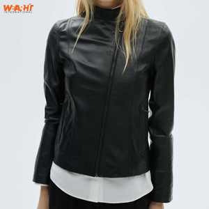 Chaqueta negra de cuero genuino para mujer, ajustada, con cierre de cremallera, cuello levantado, elegante abrigo de motorista, abrigo transpirable teñido liso - Product Image 5