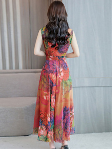 Vibrant <b>Romantic</b> Multi Color Wrap Tea-Length A-Line <b>Dress</b> Contrast Chiffon Sleeveless V-Neck Floral Breathable <b>Dress</b> - Product Image 3