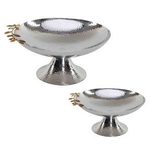 Assiette et bol de service en métal avec plateau et bol martelés Plat à poisson rond de fête vintage argenté pour bol en acier inoxydable - Product Image 6