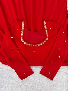 Impresionante y elegante conjunto de vestido de diseñador étnico, lujoso georgette sintético, adornos de piedras hechos a mano, detalles de encaje de fantasía, atuendo completo. - Product Image 5
