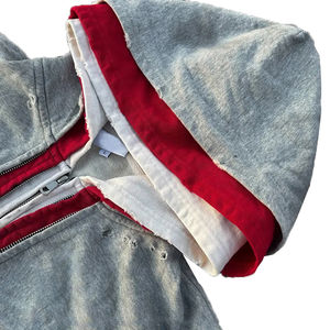 Sudadera Corta Personalizada de Estilo Urbano con Doble Cierre de Cremallera Triple, Lavado Ácido, Estilo Holgado y Cuadrado, Desgastada, con Pedrería y Triple Capa - Product Image 3