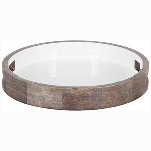 Bandeja redonda de madera moderna de 15 pulgadas con lavado gris y detalles en blanco para decoración de transición del hogar y servicio elegante a bajo precio - Product Image 2