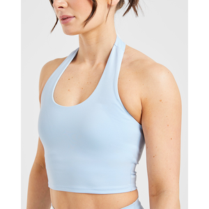 Haute qualité Pastel bleu femmes Halternack haut court extensible et beurre doux léger Fitness entraînement haut court t-shirts pour les femmes - Product Image 2