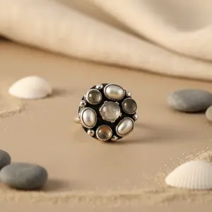 925 Silver Boho Geometric Ring with Moonstone & Pearl Statement Jewelry for Women Rhodium Plated <b>Set</b> for Wedding - Product Image 3
