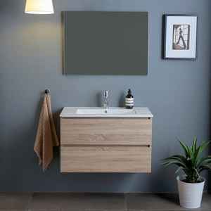 Natural Belize Oak 80cm Wall-Mounted Bathroom <b>Vanity</b> <b>Unit</b> with Two Drawers Bathroom Sets - Product Image 2
