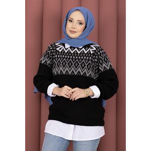 Cardigan Noir Ample en Maille pour Femme, Respirant, Motif Ethnique, Manteau d'Hiver Style Décontracté, Design Tissé, Logo Avant, Idéal pour l'Automne - Product Image 2