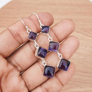 Boucles d'oreilles pendantes de luxe en améthyste multi-pierres, plaqué argent 925, faites à la main, bijoux bohèmes en cristal, cadeau pour elle, violet - Product Image 3