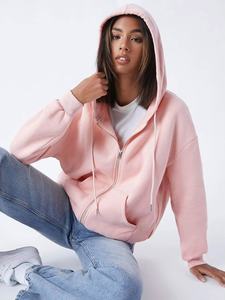 Wholesale Women's Zipper up Hoodie Custom Logo Front Badge Drop Shoulder Hoodies Fashionable Winter - Product Image 4