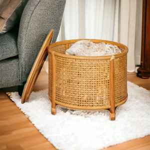 ออตโตมันแบบฝังกระดูกออตโตมันสำหรับตกแต่งของเล่นเด็กทำจากไม้ไผ่และหวายทรงกลมมีฝาปิด - Product Image 5