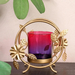 Round Gold Leaf <b>Tea</b> Light Holder With Glass Votive for Ambient Illumination Suspended in Light - Product Image 1