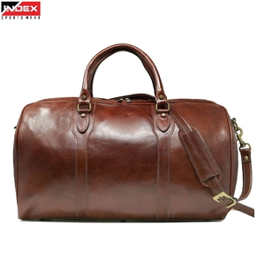 INDEX Sac de voyage en cuir véritable pour hommes, forme ovale, fermeture à glissière, poignée de voyage, capacité de 20 à 36 L, couleur marron - Product Image 1