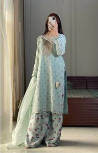 Traje de Trabajo Holgado de Verano para Mujer de Oficina TOP PLAZZO con Bordado de Lentejuelas en Georgette de Alta Calidad y Cintura Natural - Product Image 6