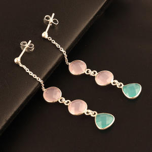New Trendy Women Earrings 8mm Briolette Cut pink & Aqua Chalcedony Drop Earrings <b>Silver</b> Plated Link Chain Bezel <b>Stud</b> Earrings - Product Image 3