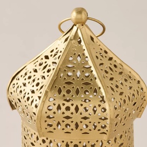 Stylish Gold <b>Metal</b> <b>Lantern</b> with Intricate Geometric Cut Design Compact Size Sturdy Handle Warm Candle Glow for Home Decor - Product Image 3