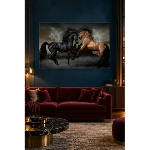 Impression sur toile de chevaux noirs et bruns de la race Fida dans un champ brumeux - Product Image 3