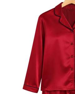 Manufacturer Customized <b>Women</b> Red Satin Silk <b>Pajama</b> Set Button Down Long Sleeve Sleepwear Luxury Soft Shiny Nightwear Loungewear - Product Image 4