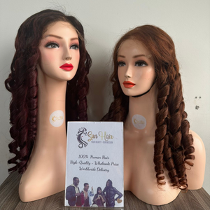 Extensions de cheveux humains Remy vietnamiennes sur mesure de luxe Sun Hair Company, double trame machine, bouclées et rebondissantes, couleur brun bordeaux - Product Image 1