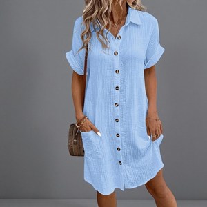 Mini robe vintage col en V manches 3/4 robe d'été pour femmes tenue décontractée de plage de vacances couleur unie Vestidos - Product Image 1