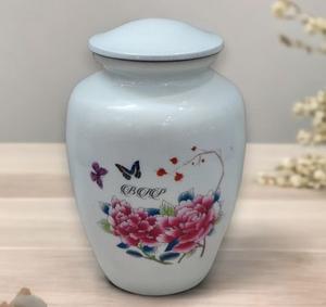 Urne de crémation pour cendres humaines Fabriquée à la main blanche peinte à la main Urne rose rose fleurs adulte 10 "avec sac en velours - Product Image 5