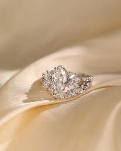 12x6mm Marquise Cut Moissanite Diamond Minimalist Bridal <b>Set</b> in Sterling <b>Silver</b> 18K Gold Plated | Engagement <b>Ring</b> Matching Band - Product Image 3