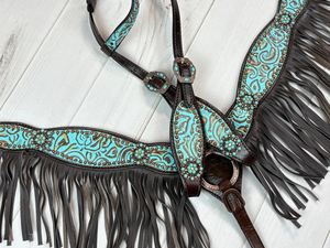 Juego de Brida y Collarín para Caballo Estilo Western con Flecos de Cuero Marrón y Filigrana Turquesa, Personalizable, en Varios Tamaños - Product Image 6