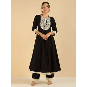 DEEBACO Conjunto coordinado de Kurta Anarkali de algodón sólido con bordado de espejo y Palazzo para mujer, atuendo tradicional para damas - Product Image 6
