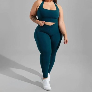 Women's High Quality 2-Piece Solid Gym Clothing New Style High-Waist Seamless Stretch <b>Bra</b> Shorts Plus Size Elastic Waist - Product Image 4