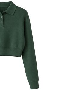 Pull Polo Court Vert Foncé Personnalisé pour Femme, Manches Longues, Tricot Doux, avec Patte de Boutonnage, Haut Décontracté Tendance Hiver - Product Image 4
