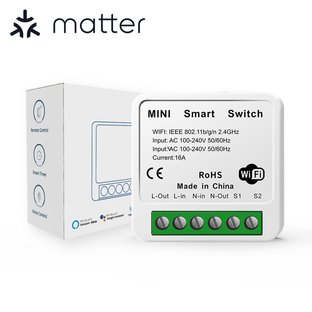 SIXWGH Factory Matter Mini Smart Switch 16A WiFi Relay Module Timer 2-Way Voice Control for Matter Smart Home System OEM ODM