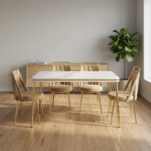 Modern Marble Top <b>Dining</b> <b>Table</b> Set with Gold Frame and Slat Back Chairs 6 Piece - Product Image 3