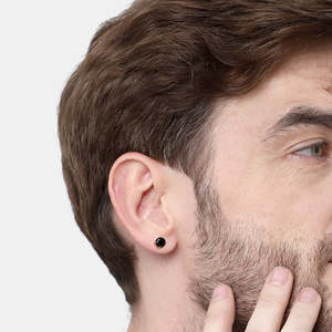 NOVAMART Fine 925 Sterling <b>Silver</b> Men's Earring Black <b>Stud</b> with Water Drop Shape & Princess Cut Diamond 14K Gold Gift for Men Bo - Product Image 6