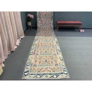 Alfombra de 3x16.1 pies, Alfombra Turca Vintage, Alfombra de Lana Azul - Product Image 1