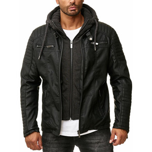 Veste en cuir véritable pour hommes motard à capuche décontractée veste en cuir véritable à capuche amovible café de course 2 en 1 veste en cuir à capuche mode bombardier OEM - Product Image 3