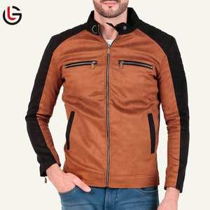 Chaqueta de bombardero de cuello alto de lona ajustada de cuero genuino estilo cremallera informal de punto sólido para hombre para invierno Moto & Biker - Product Image 1