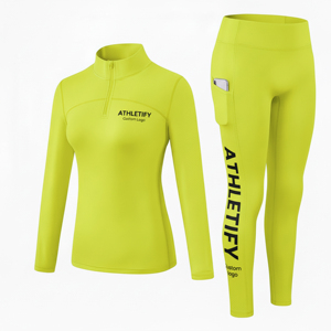 Ensemble de vêtements de sport pour femmes, haut à manches longues zippé et leggings taille haute avec poche pour téléphone, pour la salle de sport, le fitness, le yoga et la course à pied. - Product Image 1