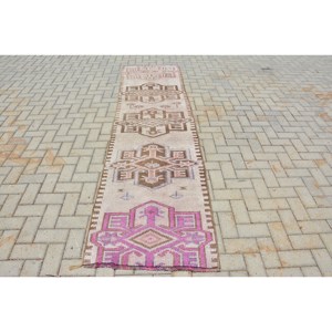 Alfombra tradicional de lana rosa marrón 2.6x9.7ft Vintage turco Patchwork patrón sala de estar alfombra látex nuevo para decoraciones del hogar - Product Image 1