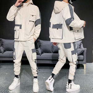 Calle desgaste de los hombres 2 piezas traje de moda Patchwork bolsillos chándal sudadera camisetas de los hombres caen conjuntos - Product Image 3