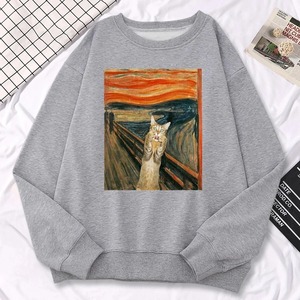 Casual Street Femme Pull Peinture À L'huile Cat's Dusk Print Sweat À Capuche Confortable Polaire Sweat Lâche Chaud Femme Sportswears - Product Image 5