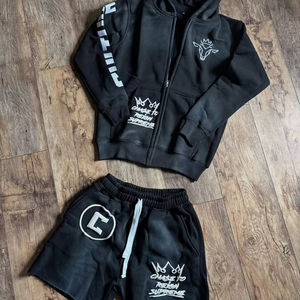 Summer Distressed Vintage Jogger Short Sets Heavy Weight 2 Pieces Zip up Hoodies Shorts Set Tracksuit - Product Image 1
