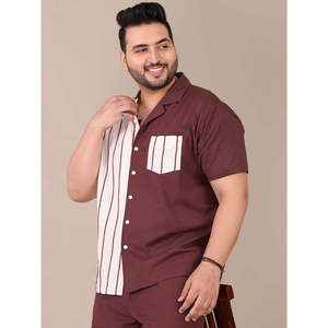Camisa Casual de Manga Corta para Hombre Amanush, Talla Grande, Diseño Colorblock, Rayas Marrón, Algodón, Corte Holgado, Cuello Clásico, para Verano - Product Image 1