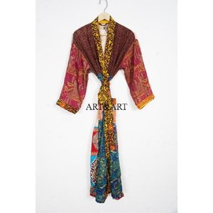 Elegant Vintage Women's Long 100% Silk Kimono Robe Indian Print Summer Sleepwear Luxurious Nonwoven Breathable Beach Cover Daily - Product Image 1